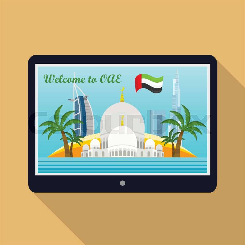 United Arab Emirates traveling banner. Landscape with arabic landmarks on tablet screen. Skyscrapers. Grand Mosques. Nature and architecture. Part of series of travelling around the world. Vector, vector