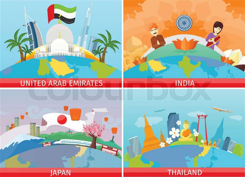 Welcome to Japan, Thailand, India, United Arab Emirates. Set of traveling advertisement banners. Landmarks of the well known asian places of interest on your photo. Vector illustration, vector