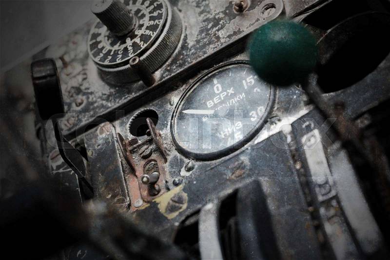 Center console and throttles in an old Russian airplane, stock photo