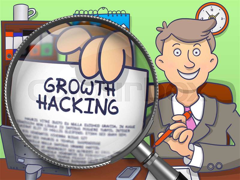 Growth Hacking. Text on Paper in Business Man\'s Hand through Magnifying Glass. Colored Doodle Illustration, stock photo