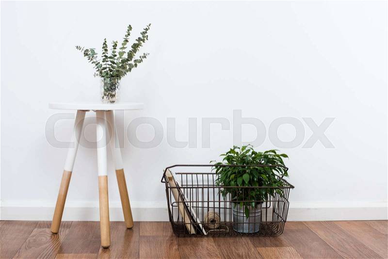 Scandinavian home interior decoration, simple decor objects and furniture, minimalist white room, stock photo