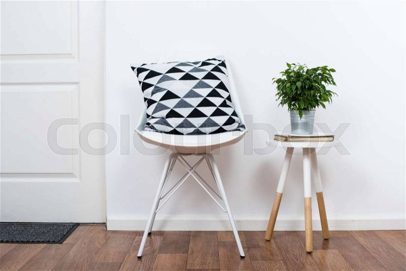 Scandinavian home interior decoration, simple decor objects and furniture, minimalist white room, stock photo