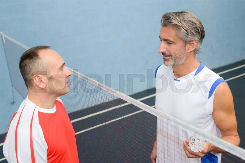 Two men talking over badminton net, stock photo