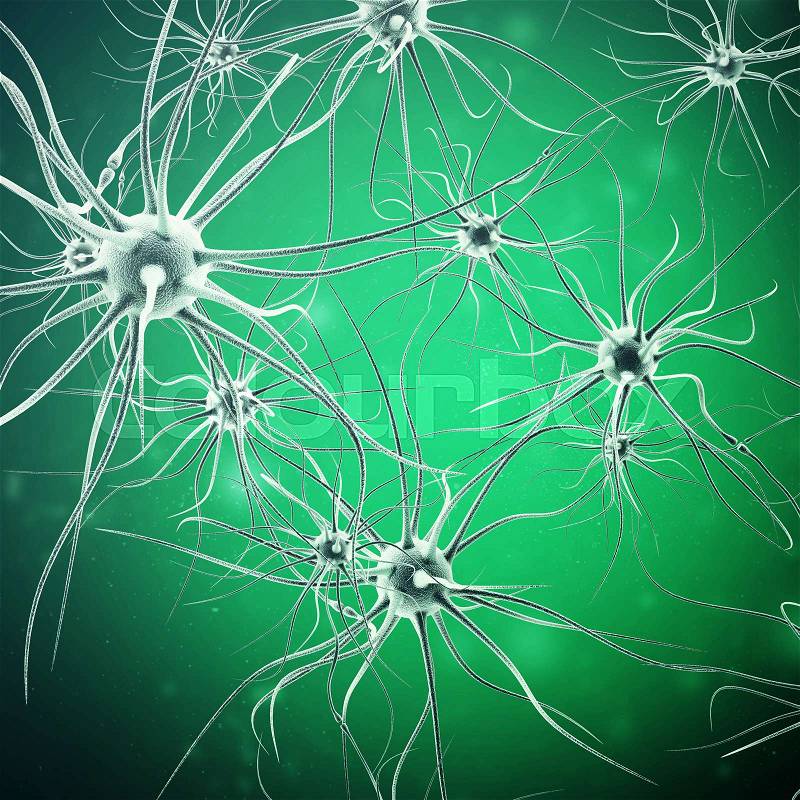 Neurons transmission signals in the head on green background. Synapse, 3d rendering, stock photo