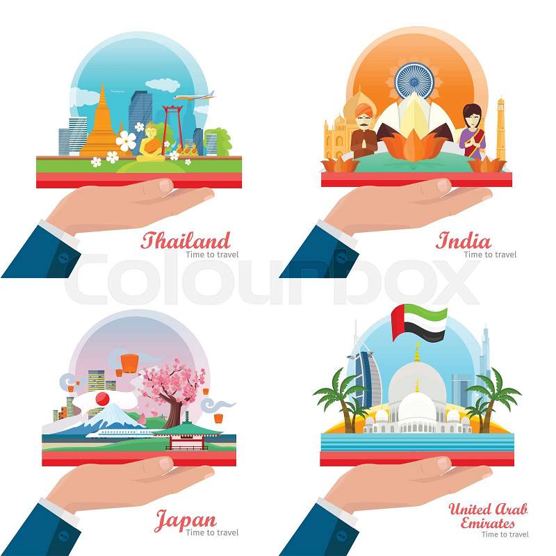 Time to Travel. Welcome to Japan, Thailand, India, United Arab Emirates. Set of traveling advertisement banners on the outstretched hand. Landmarks of the well known asian places of interest. Vector, vector