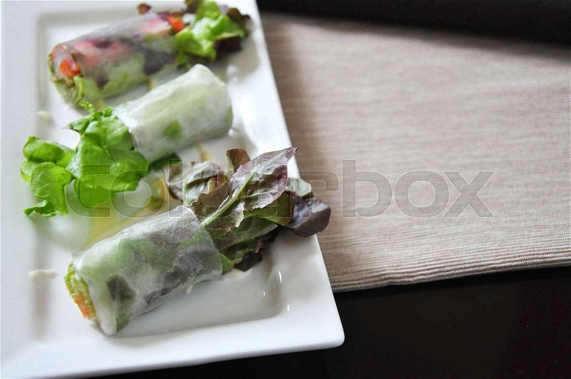 Close up vegetables rolls on white plate with space for text, stock photo