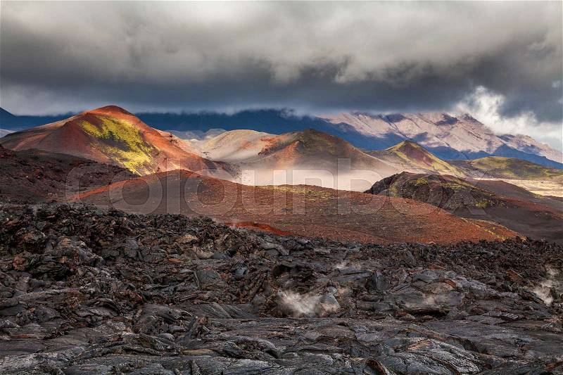 Dramatic views of the volcanic landscape. Kamchatka Peninsula, stock photo