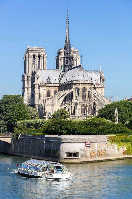 Tourist cruise in River Seine Paris with Cathedral Notre Dame Reims Champagne, stock photo