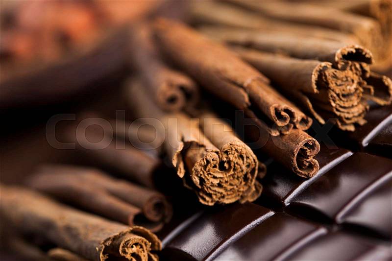 Dark chocolate with candy sweet, dessert food, cinnamon, stock photo