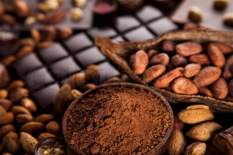 Chocolate sweet, cocoa pod and food dessert background, stock photo