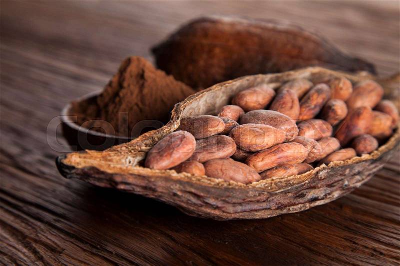 Cocoa beans in the dry cocoa pod fruit on wooden background, stock photo