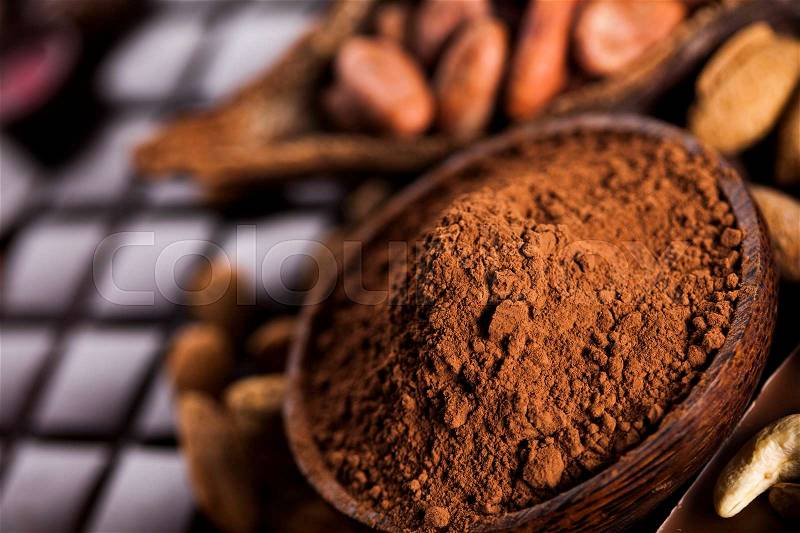 Chocolate sweet, cocoa pod and food dessert background, stock photo