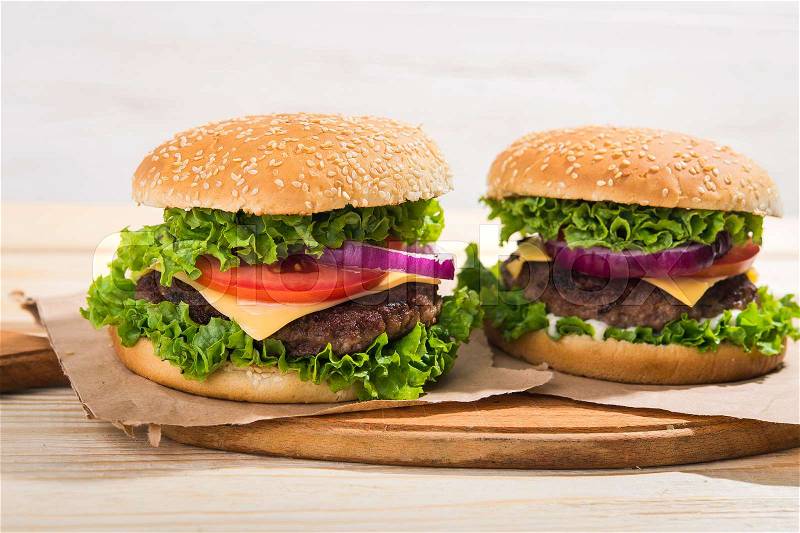Closeup of fresh tasty burgers, stock photo