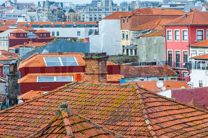 Detailed view of orange tile rooftops in Porto old town, Portugal, stock photo