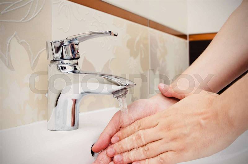 Man washing hands in bathtoom. Utilities water bill cost rise wash hand composition, stock photo