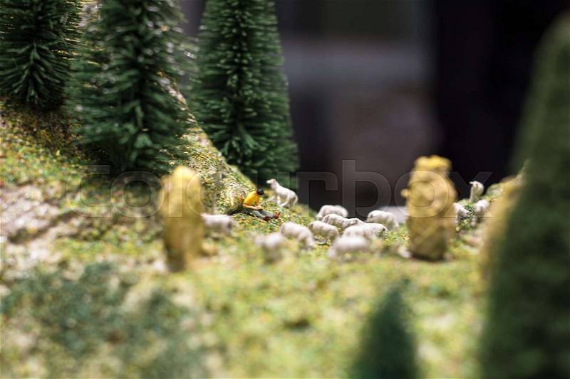 Miniature people: young shepherd reading a book and sheeps walking around him on the green grass of the lawn. Macro photo, shallow DOF, stock photo