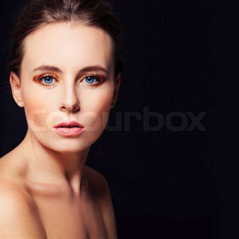 Perfect Face on Black Background. Beautiful Woman with Clear Skin, stock photo