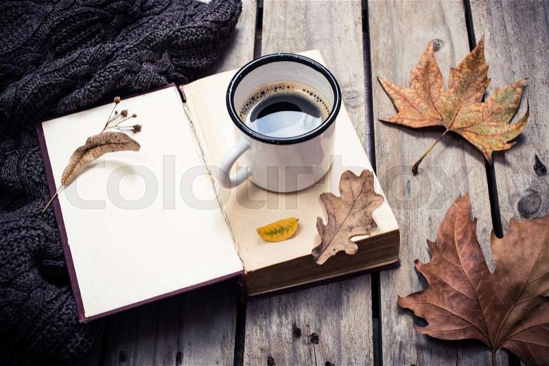 Open empty vintage book, knitted sweater with autumn leaves and coffee mug on old wooden board background, stock photo