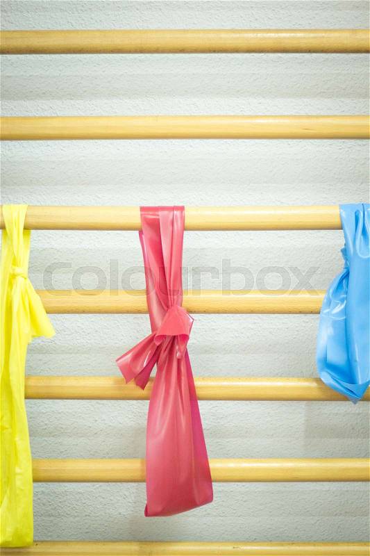 Elastic stretch bands in physical therapy equipment in physiotherapy center and medical clinic specialized in injury rehabilitation, stock photo
