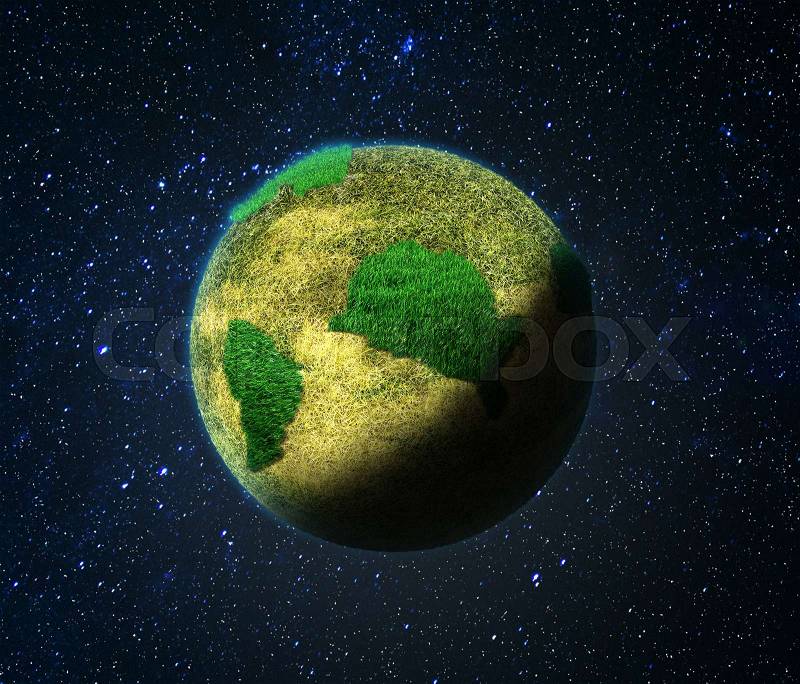 Eco concept. Planet with islands of green grass in space, stock photo