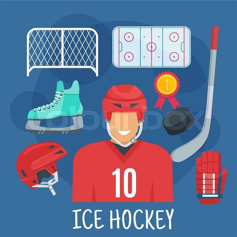 Ice hockey player in red uniform jersey and protective helmet flat symbol surrounded by stick, puck and glove, rink, skate, gate and golden medal. Winter sporting games theme or championship design, vector