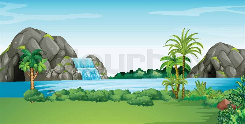 Scene with waterfall and field illustration, vector