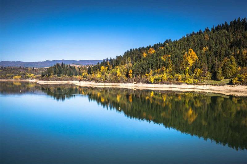 Autumn forest reflected in water. Colorful autumn morning in the mountains. Colourful autumn morning in mountain lake. Colorful autumn landscape, stock photo