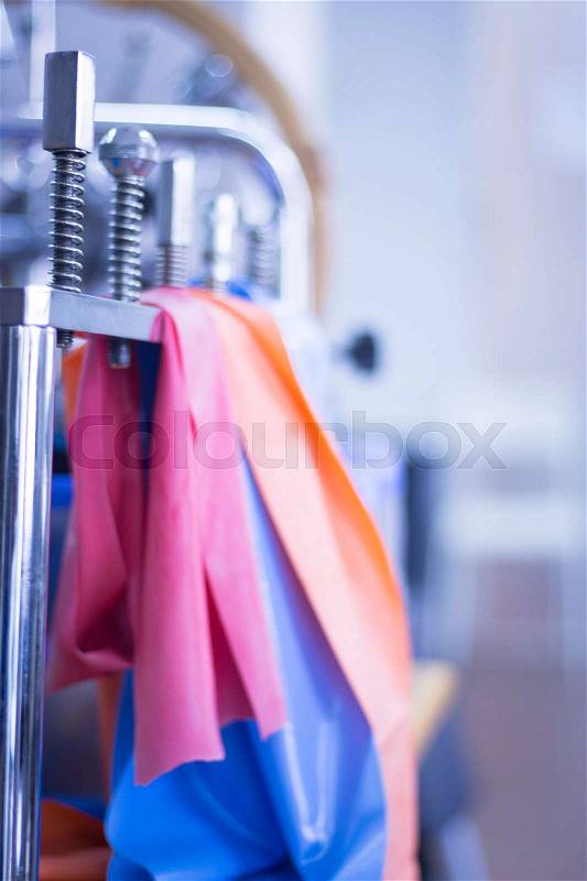 Physical therapy equipment in physiotherapy center and medical clinic specialized in sports injury rehabilitation and orthopedics, stock photo