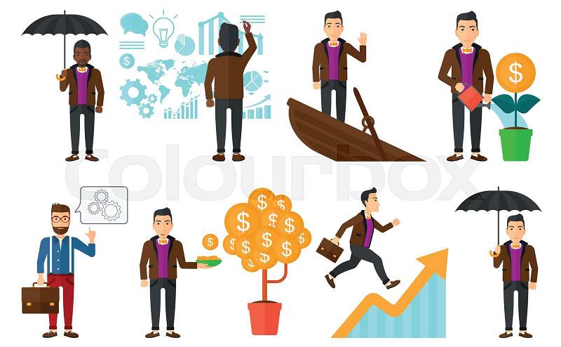 Set of business people. Businessman moving to success. Business success, business insurance, global business, investment concept. Vector flat design illustration in the circle isolated on background, vector