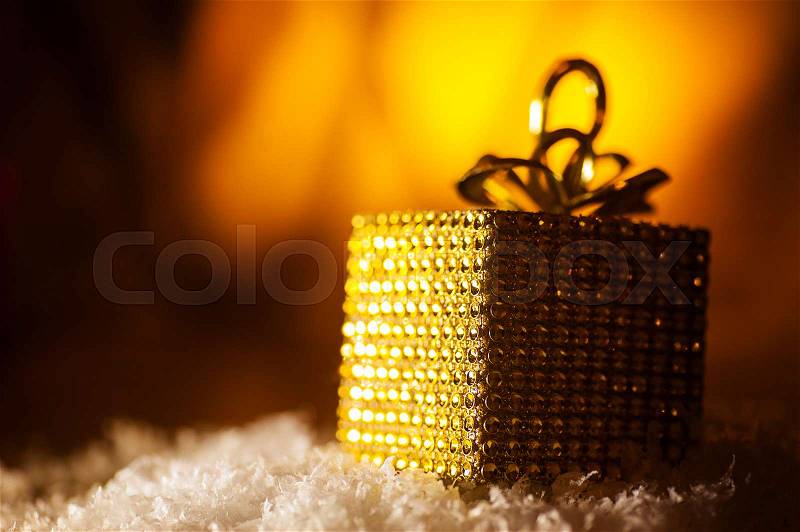 Gold box gifts for Christmas multicolor background, stock photo