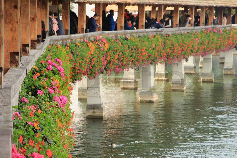 Many people walk over the wooden bridge, called Kapellbrücke with blooming geranium and petunia in different colours in the city Lucerne in Switzerland in fall, stock photo