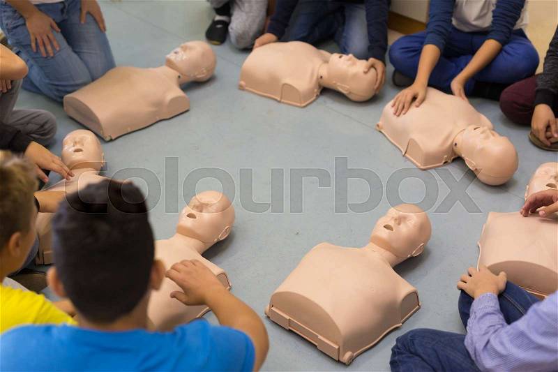First aid cardiopulmonary resuscitation course in primary school. Kids practicing on resuscitation dolls, stock photo