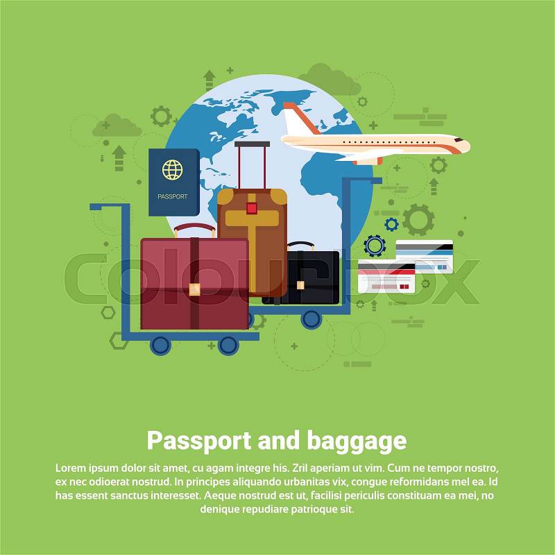 Passport Luggage Airplane Departure Transportation Air Tourism Web Banner Flat Vector Illustration, vector