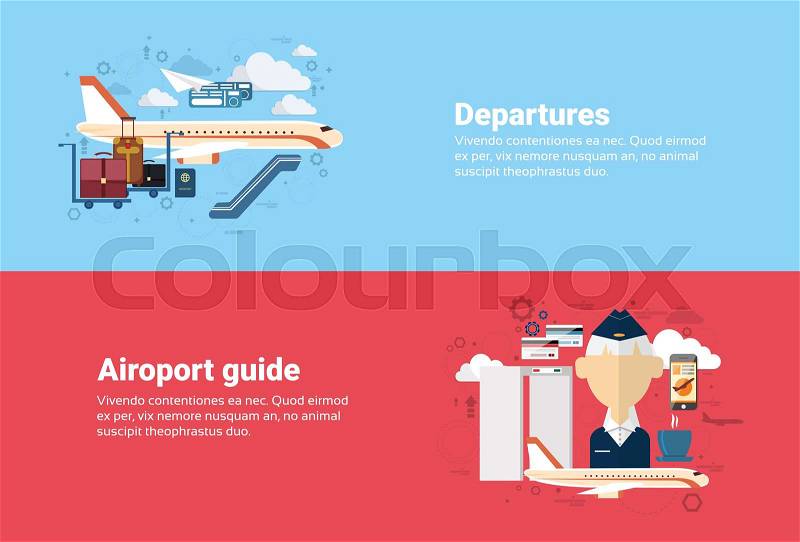Airport Guide Departure Airplane Transportation Air Tourism Web Banner Flat Vector Illustration, vector