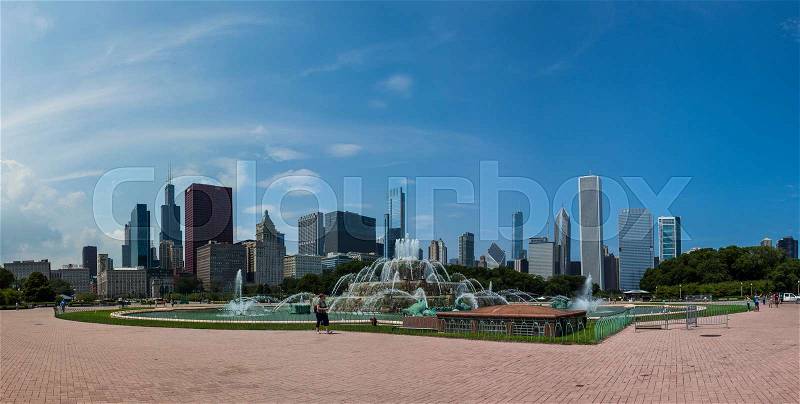Chicago skyline city scene summer vacation travel usa America beautiful city river walk the bean milleniumpark, stock photo