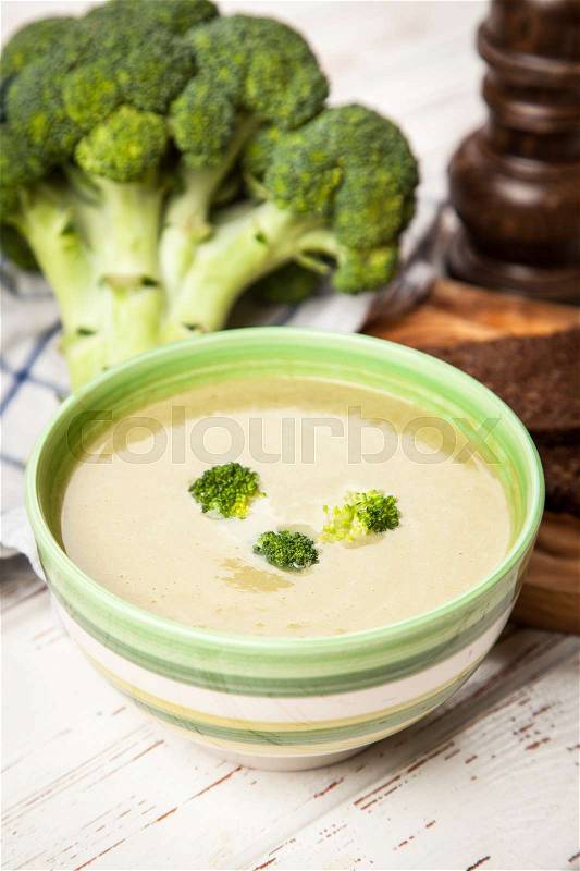 Bowl of broccoli cream soup, stock photo