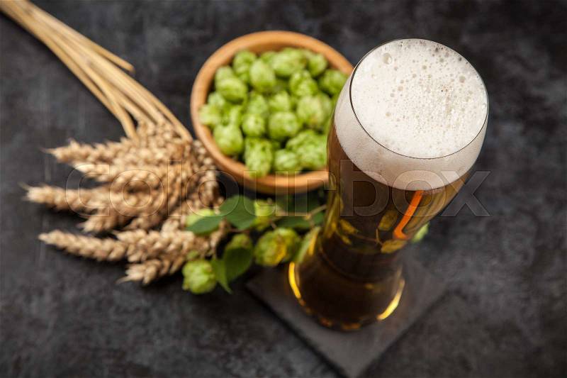 Beer glass with malt and hops, dark background, stock photo