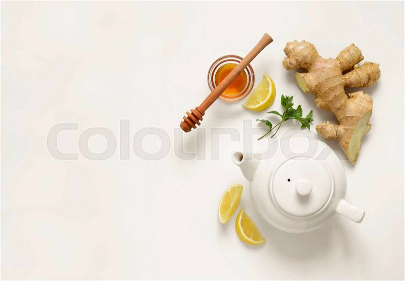 Ginger tea ingredients concept, healthy comforting and heating tea under simple recipe, view from above, space for a text, stock photo