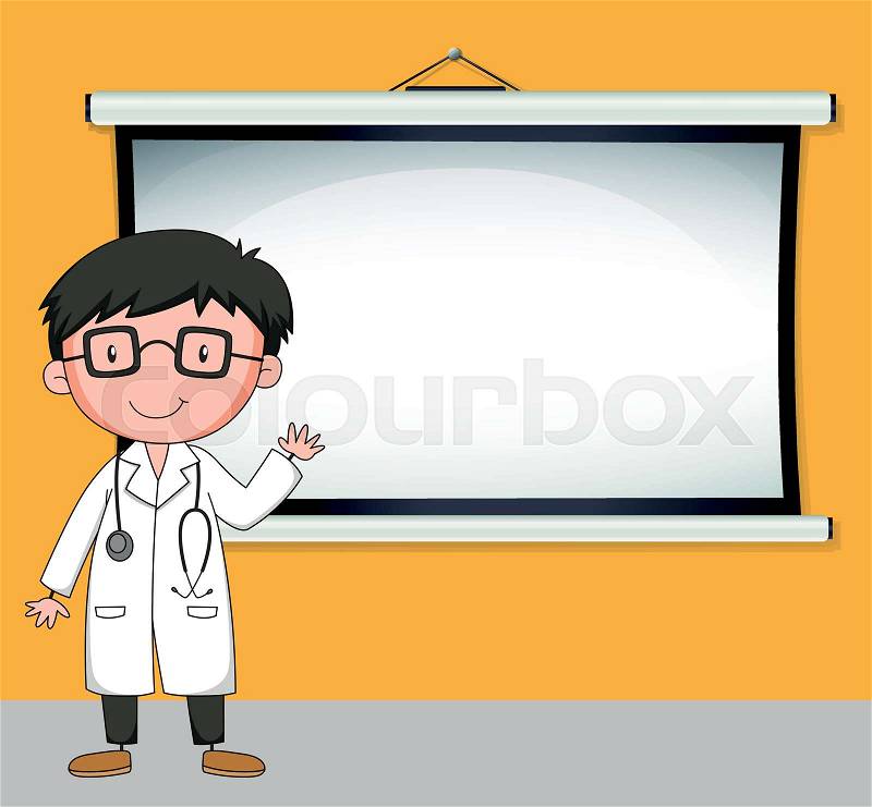 Doctor standing in front of white screen illustration, vector