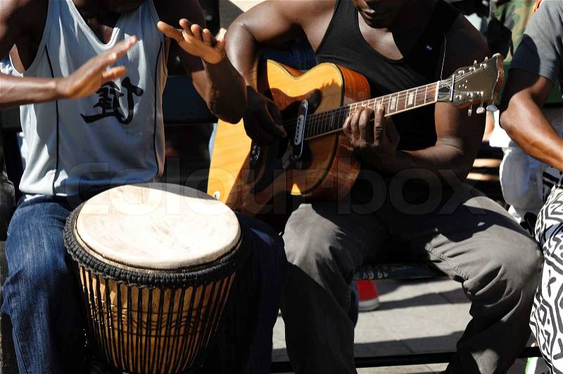 A street band is playing music, stock photo