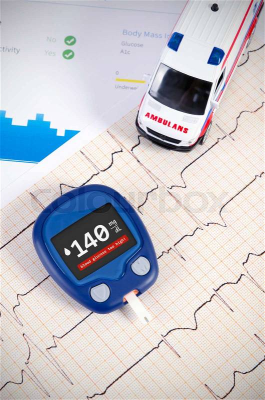 Diabetes, glucometer sugar measure on health report documents. Composition with ambulance toy, stock photo