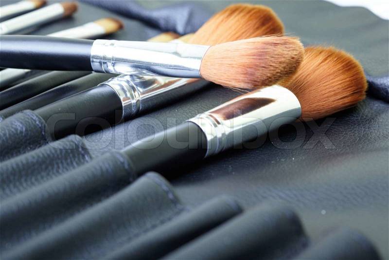 Set of makeup brush in leather cover. Close-up photo, stock photo