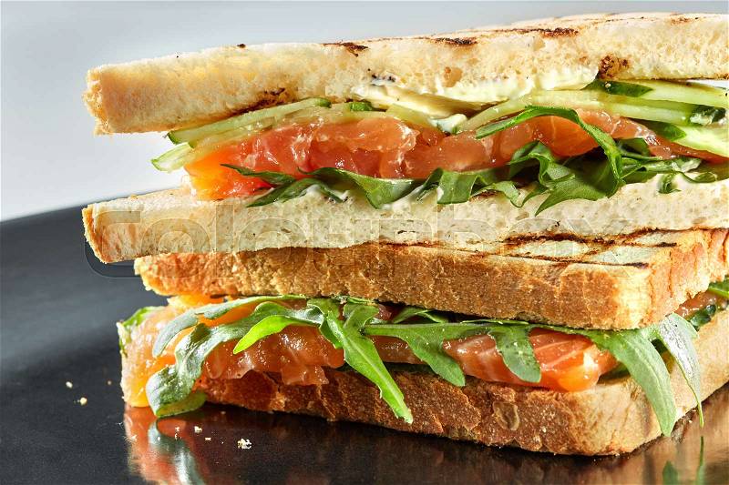 Smoked Salmon Sandwich with vegetables on the plate, stock photo