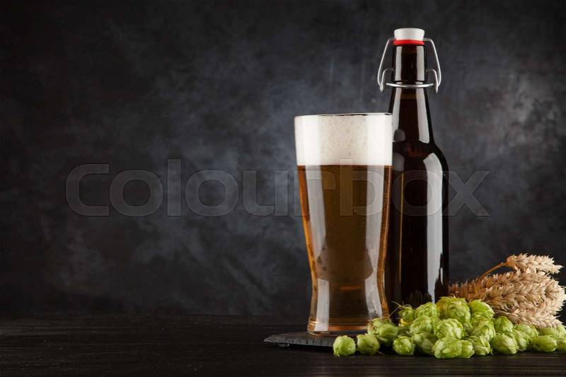Beer glass and bottle with malt and hops, dark background, stock photo