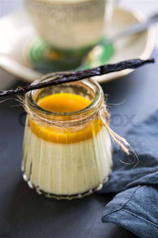 Homemade Pumpkin pudding in a glass by coffee, stock photo