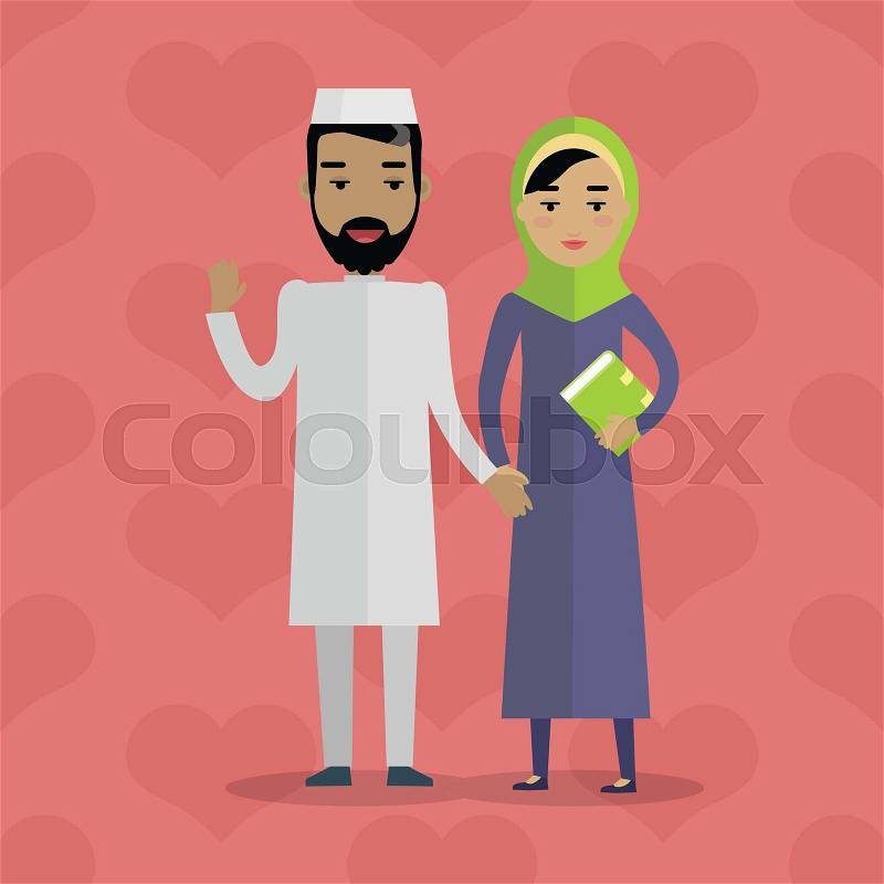 Muslim people. Arabian family. Arabic husband and wife. Man in white gown and woman in paranja. Mussulman and mussulwoman. Middle eastern couple. People of the world series. Vector in flat style, vector