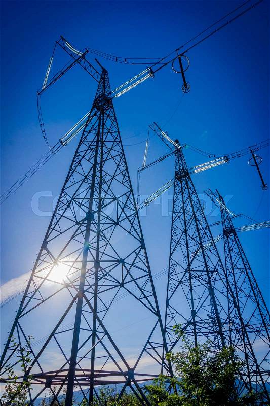 Power Tower. Electricity transmission power lines. Electricity pylon, stock photo