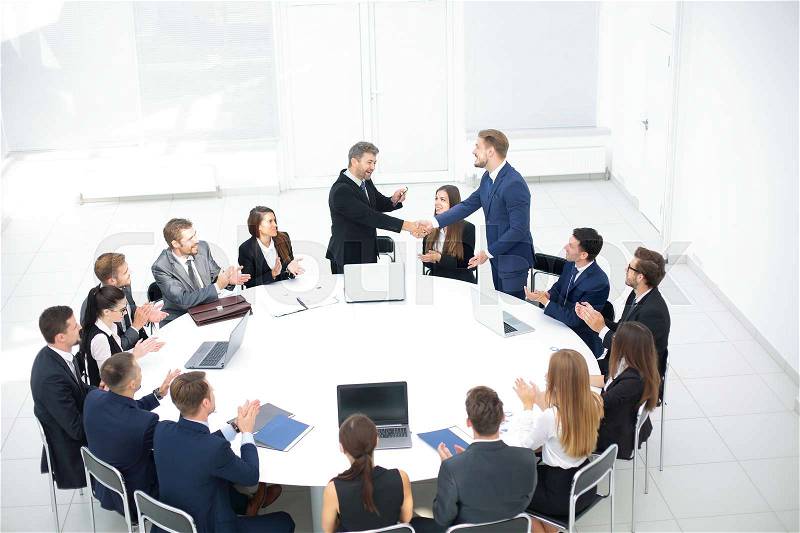 Head of the company speaks to members of the conference, stock photo