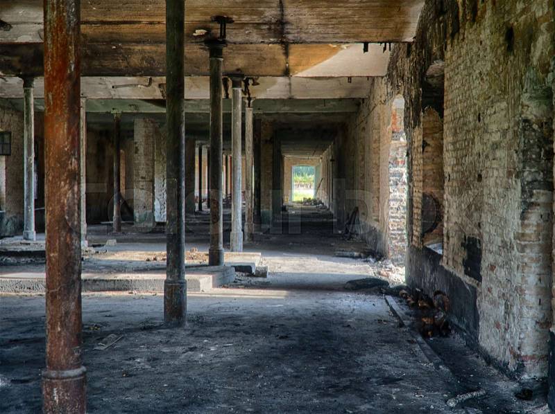 An old building ruined by the time. HDR photo building with columns. The old room of the destroyed plant, stock photo