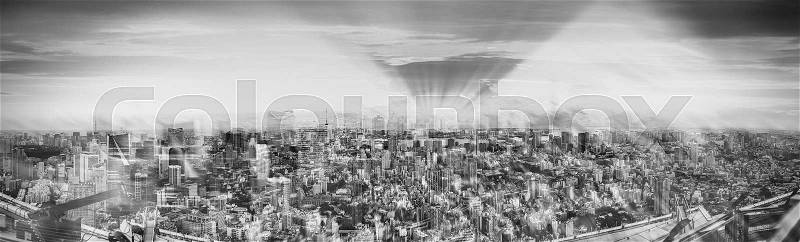 Tokyo, Japan. Giant panoramic aerial view of skyline in black and white, stock photo